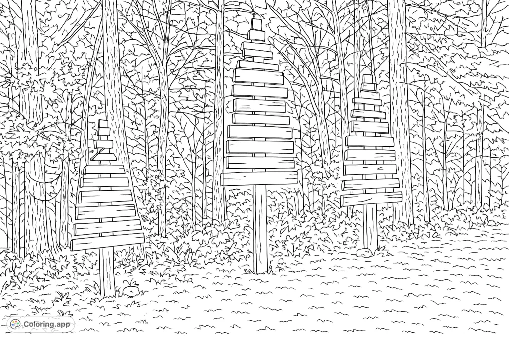 Discover unique tree-shaped sculptures crafted from wooden planks, covered in messages and designs, set in a peaceful forest. A creative scene perfect for detailed coloring.