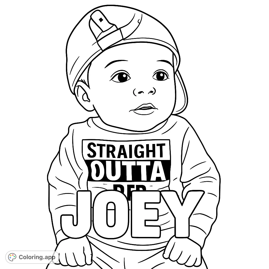 An adorable baby wearing a backward cap and a hoodie with custom text. A large name overlay adds a personal touch to this charming portrait.