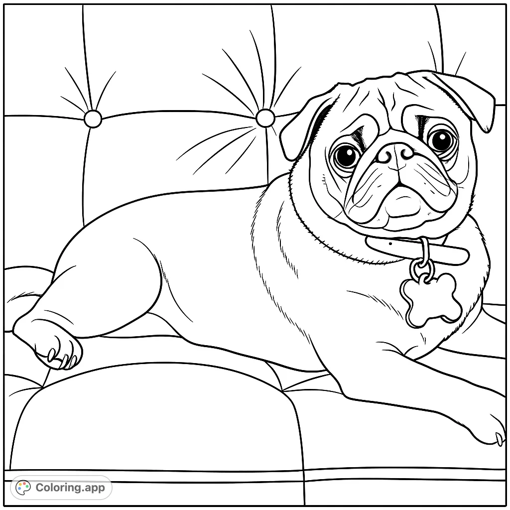 An adorable pug rests comfortably on a tufted couch, offering a heartwarming scene for a relaxing coloring experience. Perfect for dog lovers!
