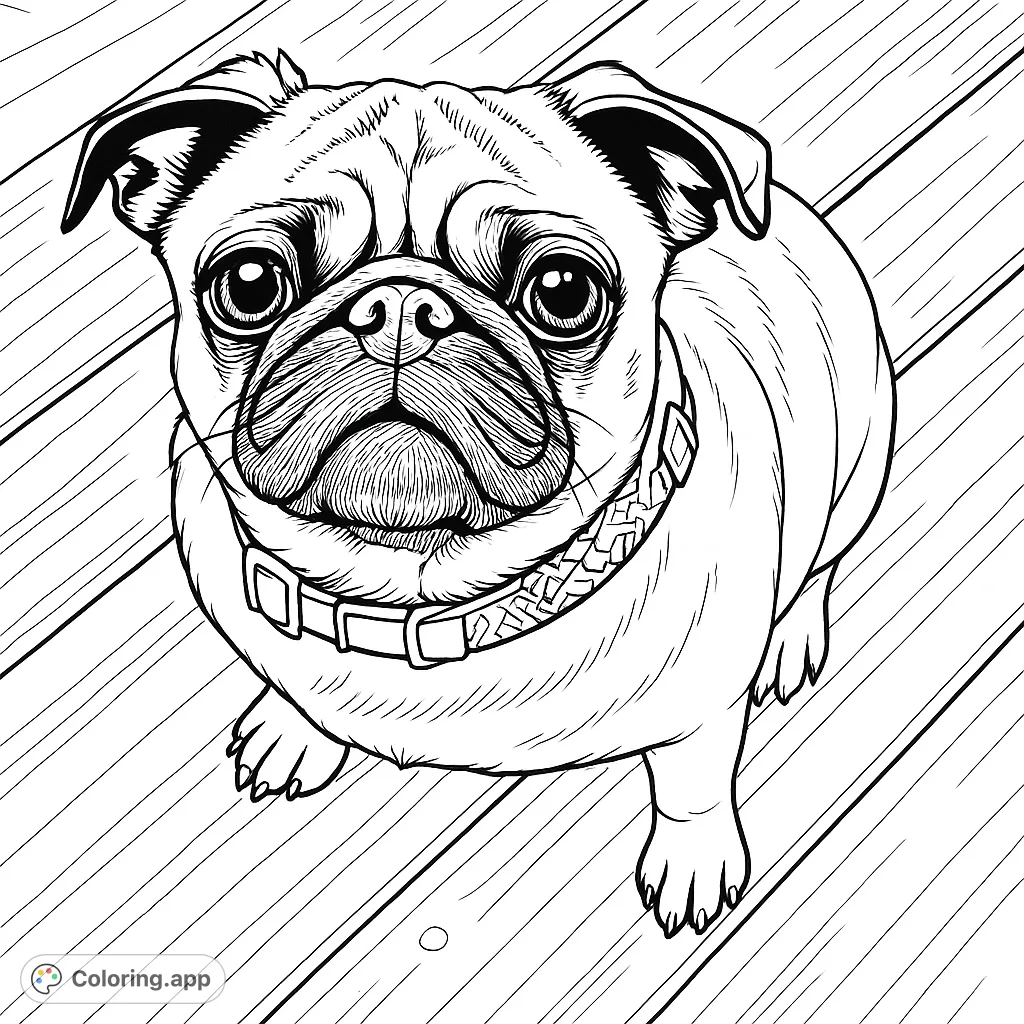 An adorable pug dog with a wrinkled face sits attentively on a wooden deck, wearing a patterned collar, perfect for pet lovers of all ages.