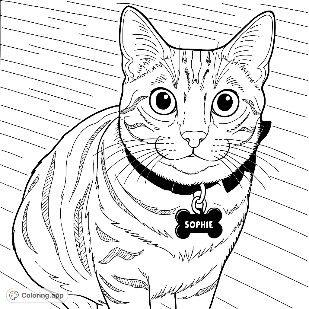 A charming striped cat with large, expressive eyes and a name tag, perfect for cat lovers of all ages to color and personalize with unique patterns.
