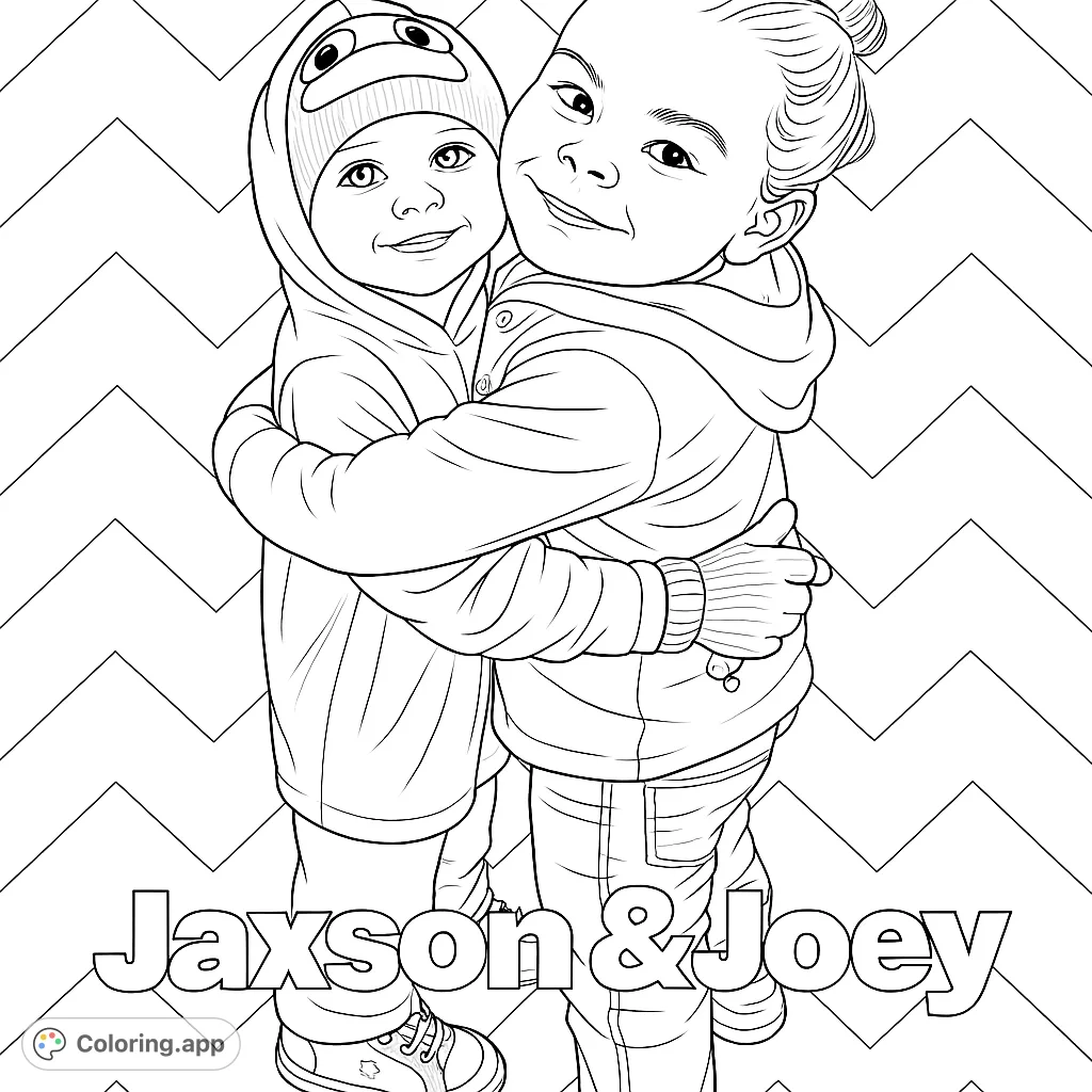 A heartwarming scene featuring two children embracing, smiling cheerfully, set against a fun chevron background. Perfect for kids to color and celebrate friendship.