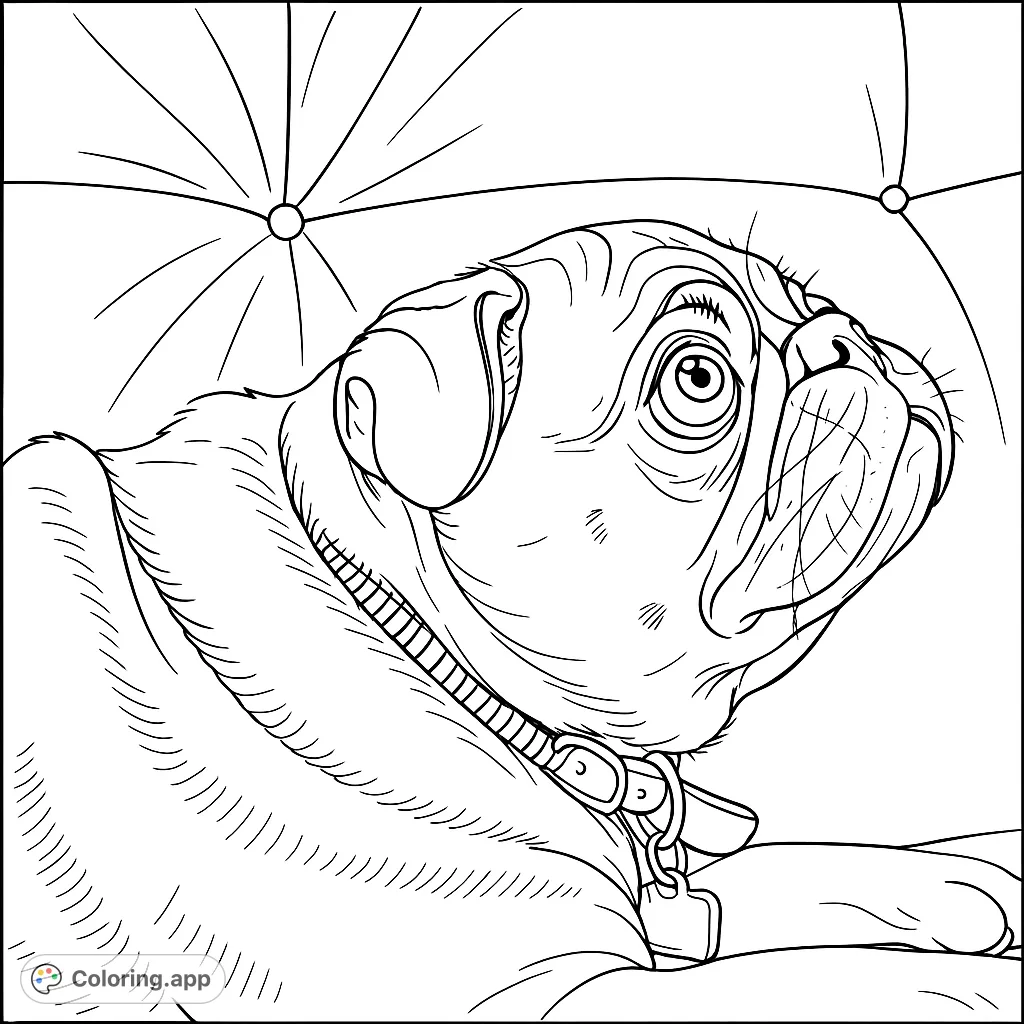 A charming pug glances upwards with an endearing expression, relaxing on a tufted upholstered surface. Perfect for animal lovers and dog enthusiasts!