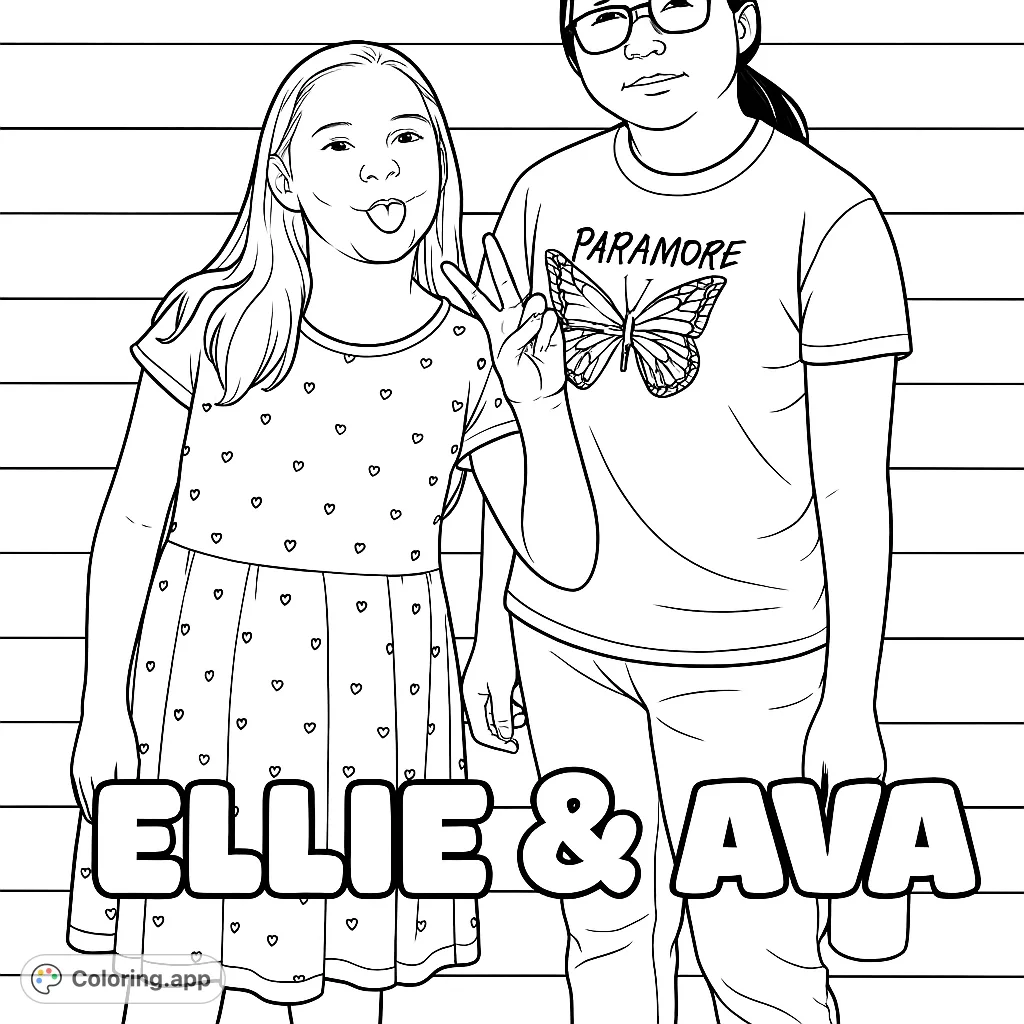 Capture the fun and friendship of Ellie and Ava in this dynamic coloring page, featuring playful poses and personalized details for creative expression.