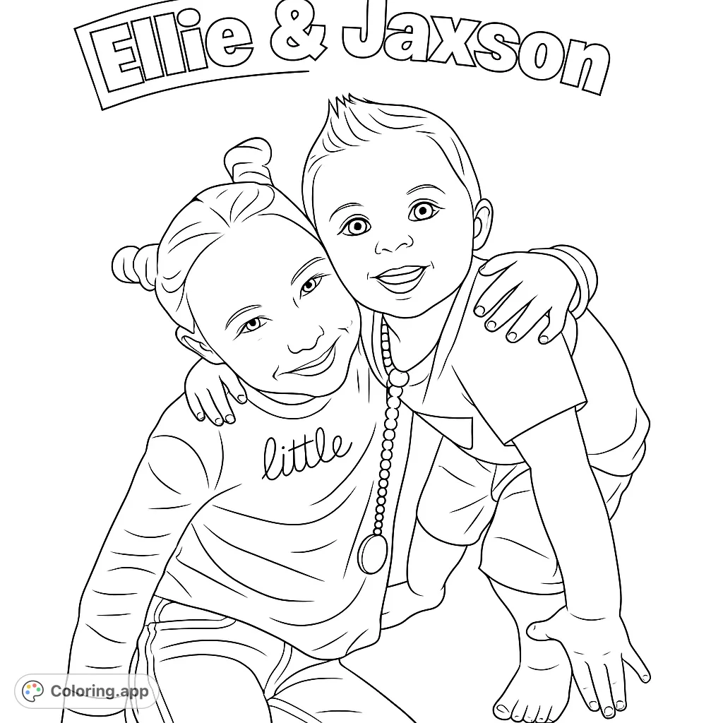 A heartwarming coloring page featuring two cheerful children, Ellie and Jaxson, embracing. Perfect for celebrating sibling bonds and youthful joy.