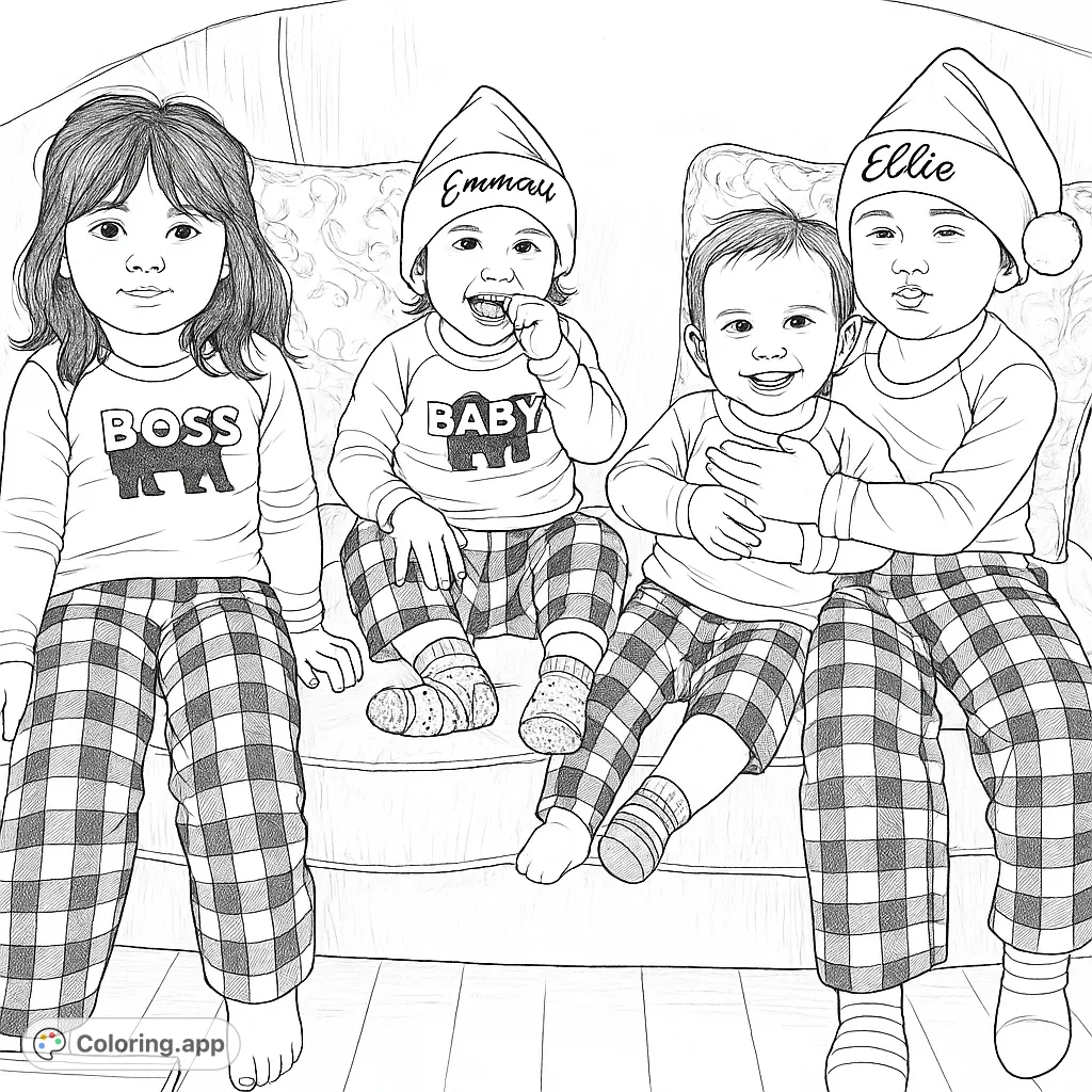 Four adorable children in cozy pajamas and Santa hats celebrate together on a couch, perfect for a fun and festive coloring experience.