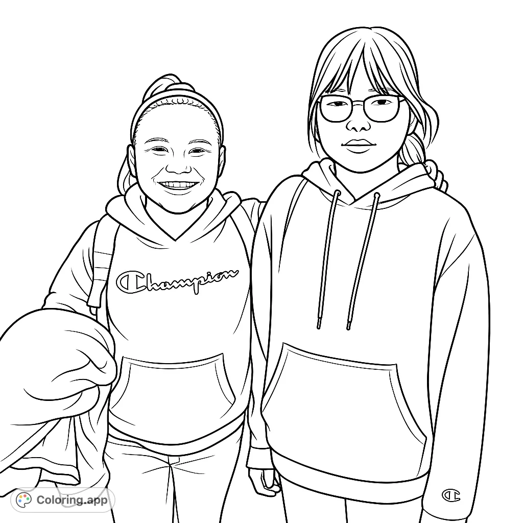 A heartwarming coloring page featuring two smiling young girls, one with eyeglasses, in hooded sweatshirts, captured in a friendly pose. Perfect for creativity!