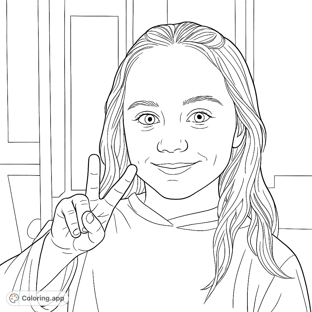 A cheerful girl smiles with dimples, flashing a peace sign. Her wavy hair and patterned hoodie create a fun, engaging scene perfect for creative expression.
