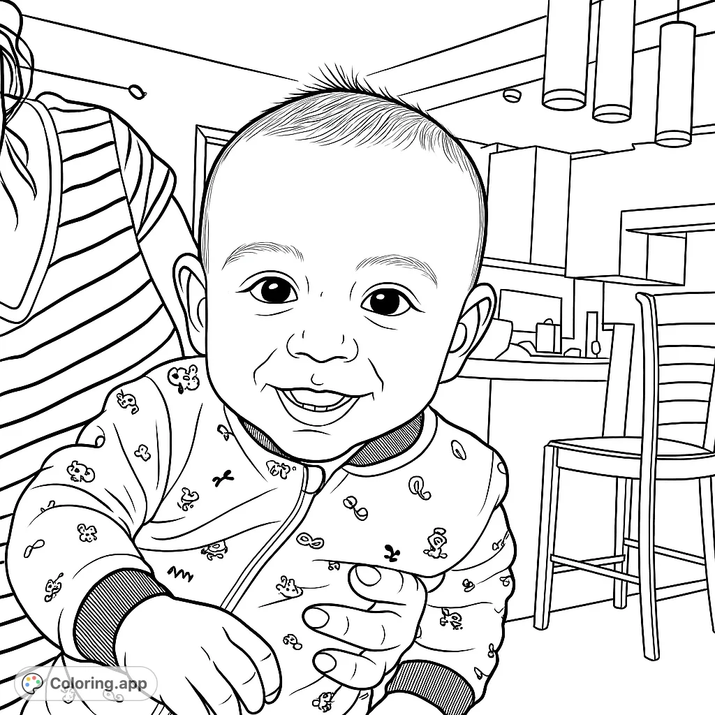 Capture the adorable grin of a happy baby held by loving hands, featuring playful patterns and a heartwarming scene.