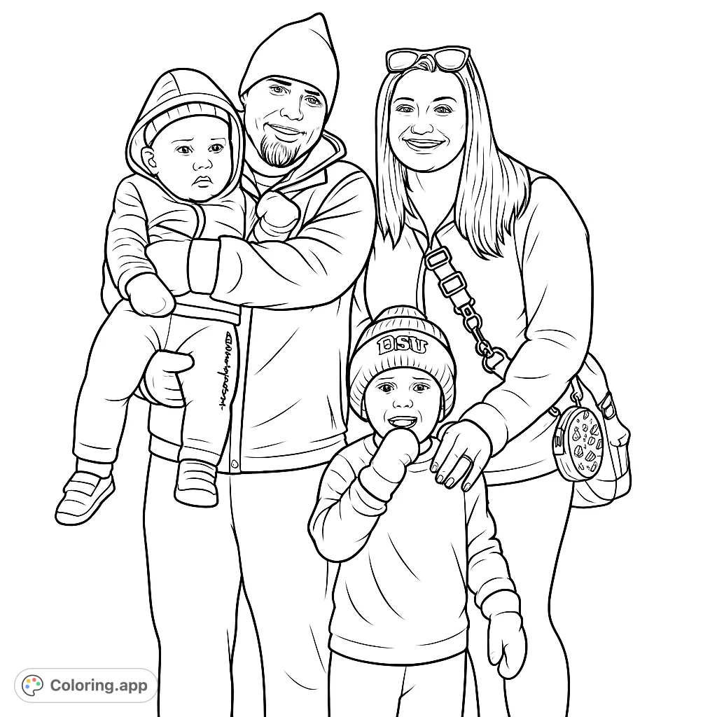 Capture a heartwarming family portrait with this coloring page, featuring parents and two children in cozy attire. Perfect for all ages!