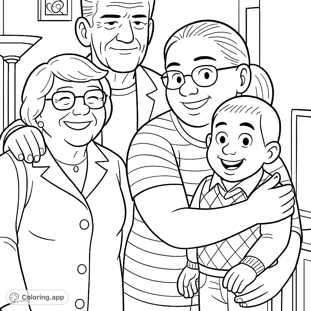 A heartwarming family portrait of four smiling individuals, including an older couple, a younger woman, and a happy child, ready for a joyful coloring experience.