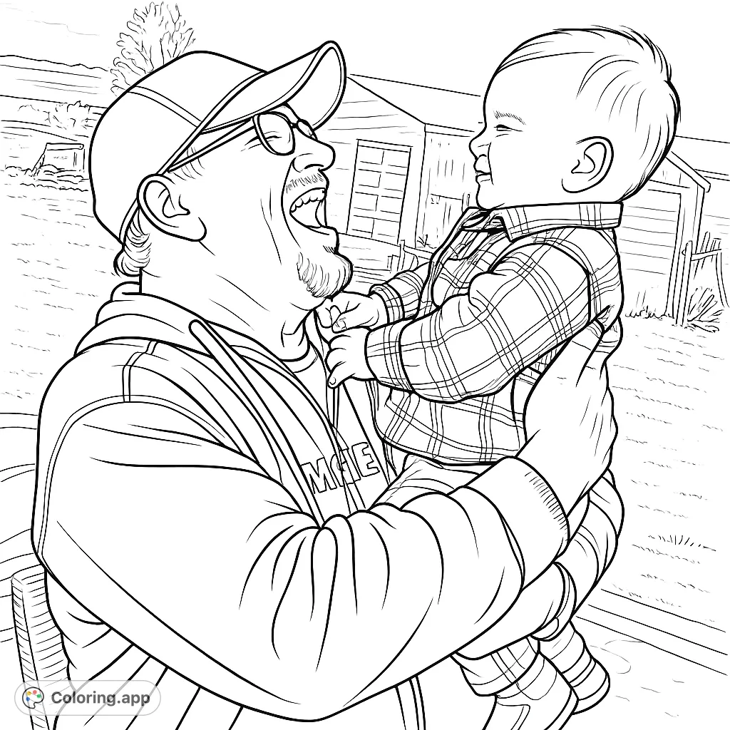 A heartwarming portrait of a laughing parent holding a smiling baby, capturing a moment of pure joy and familial connection. Perfect for a family coloring page.