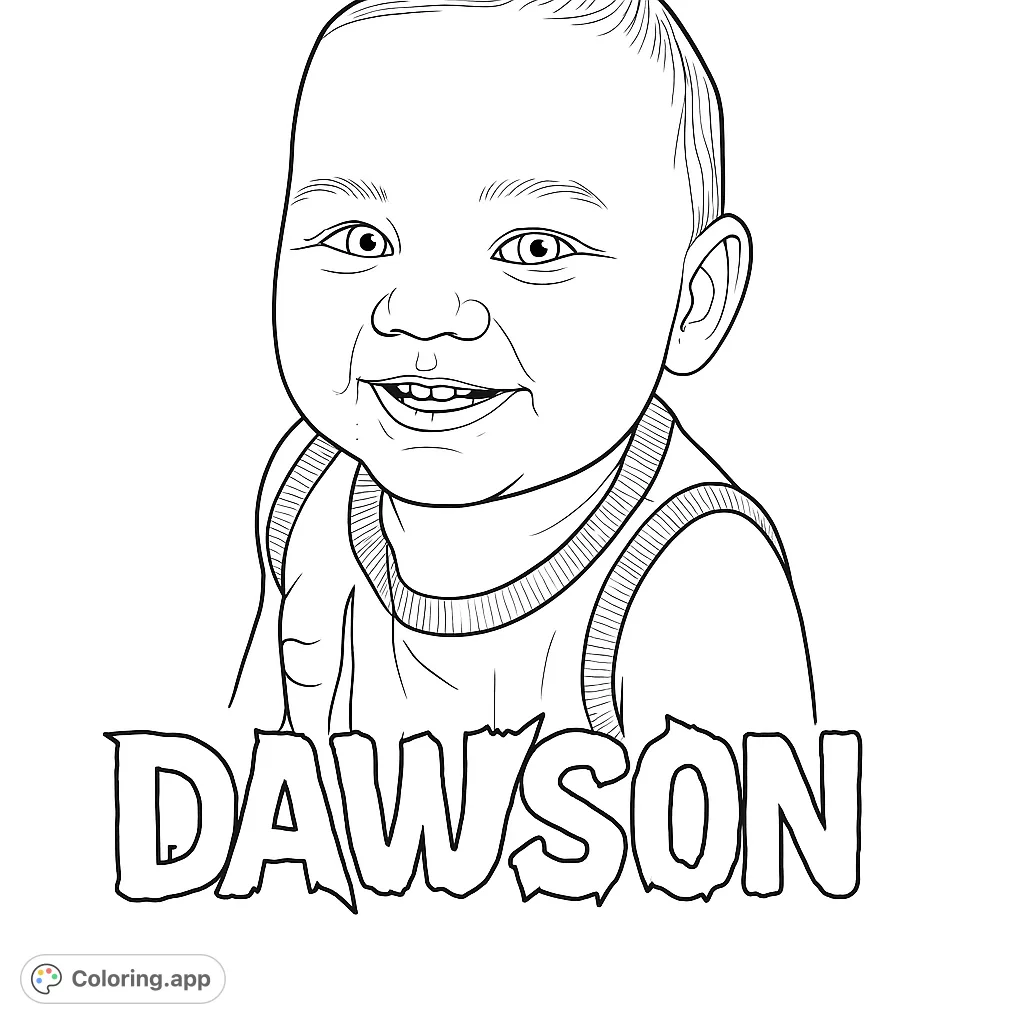 A charming coloring page featuring a happy baby with a wide smile, perfect for personalization. Includes the name Dawson in a playful font.