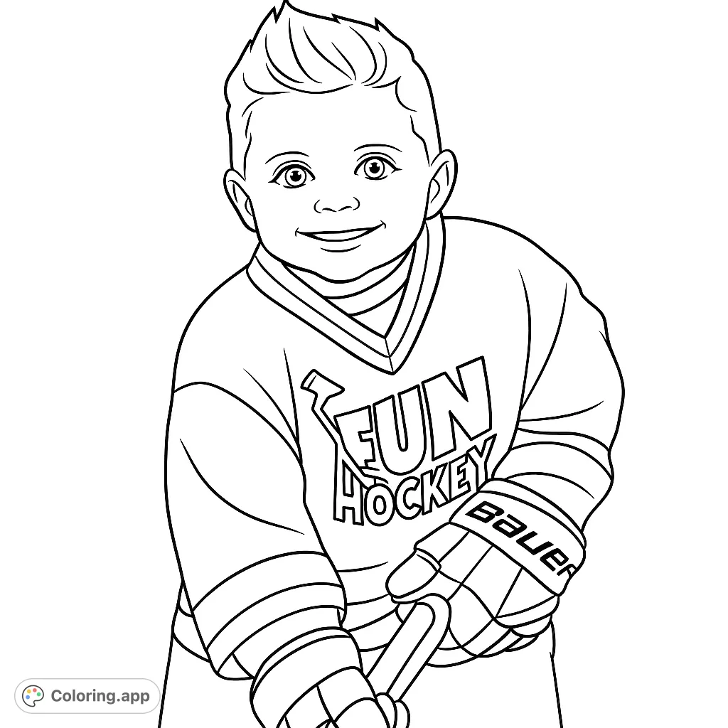 A cheerful young boy in a hockey jersey, ready to play. Features 'FUN HOCKEY' text, perfect for aspiring athletes and sports fans.