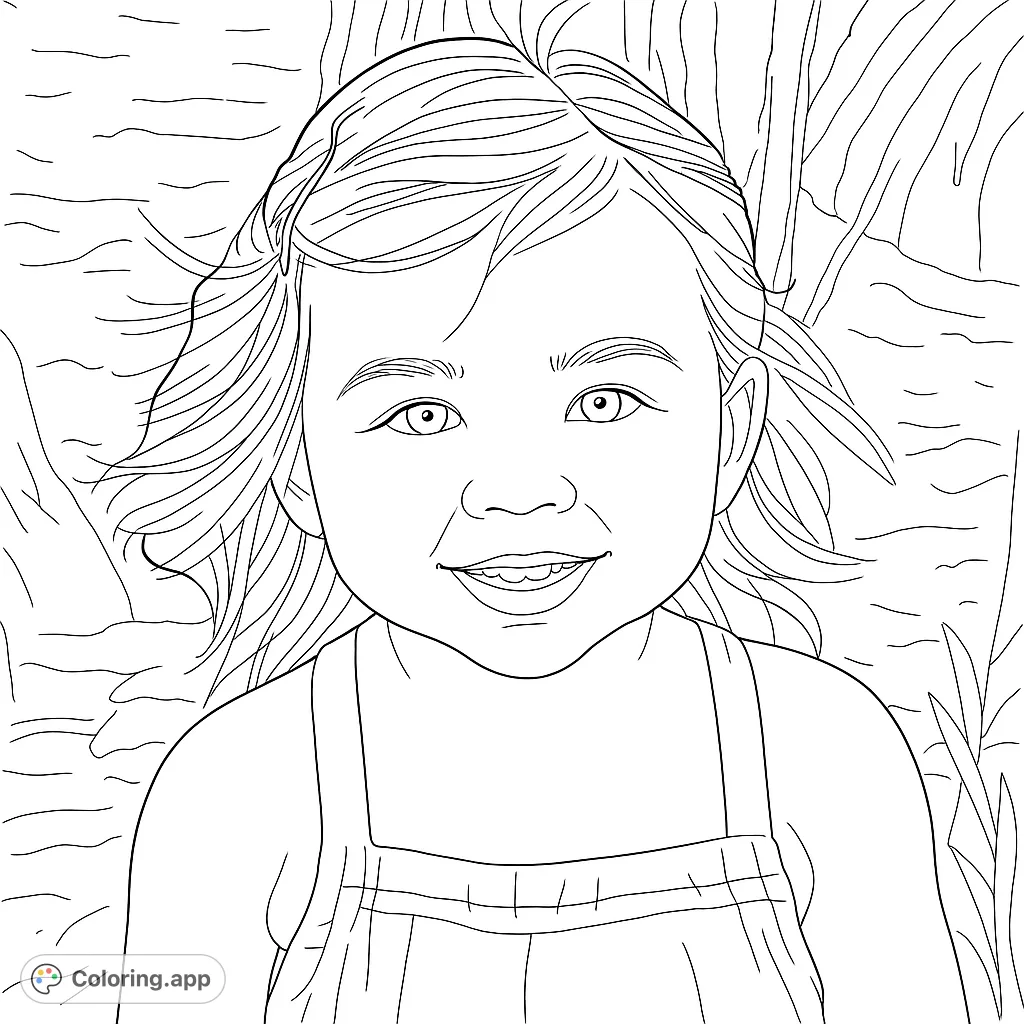 A heartwarming child portrait coloring page featuring a smiling youngster in a natural outdoor setting, perfect for all ages to personalize.