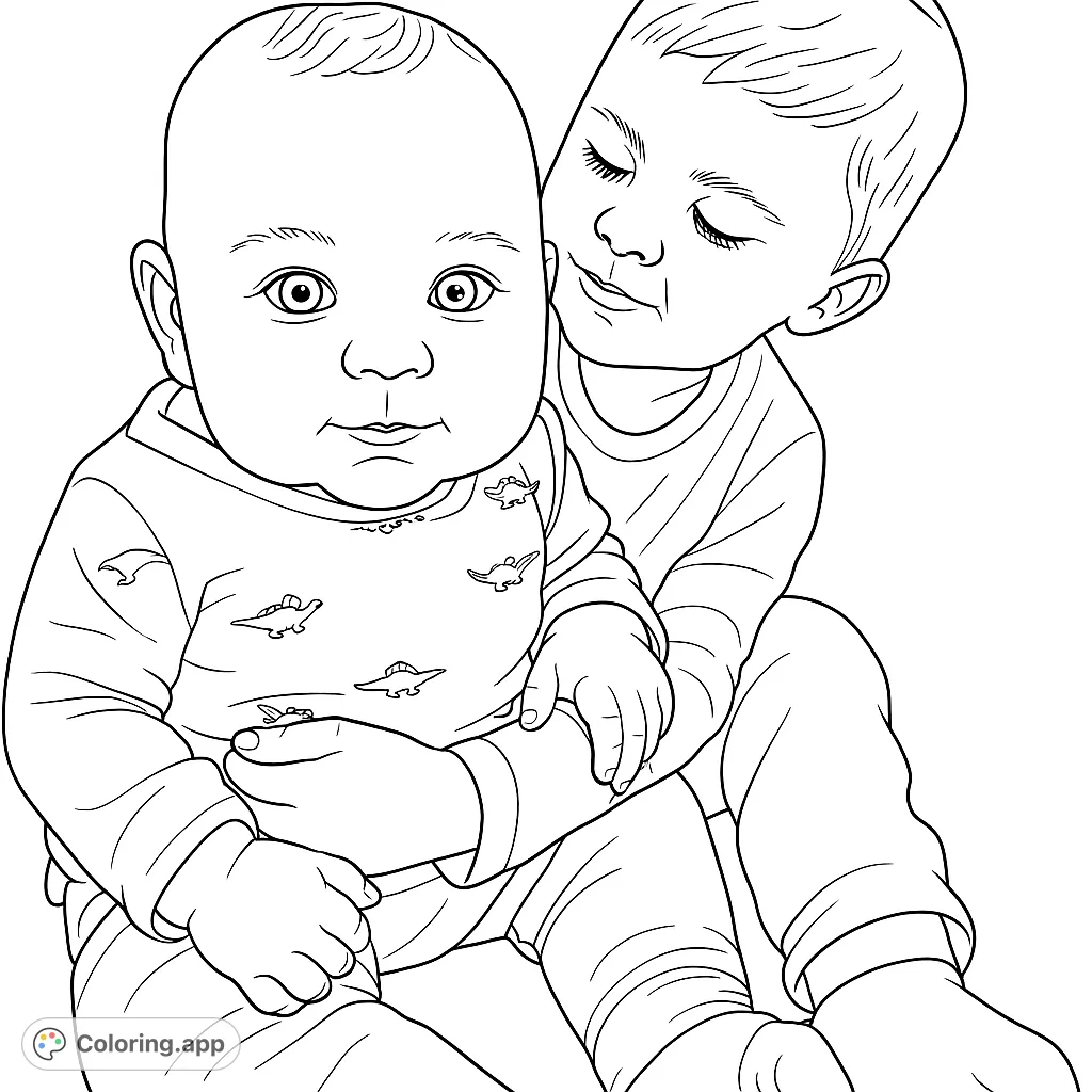 An adorable sibling bonding scene featuring an older child gently holding a smiling baby, both looking forward. A heartwarming moment perfect for coloring.