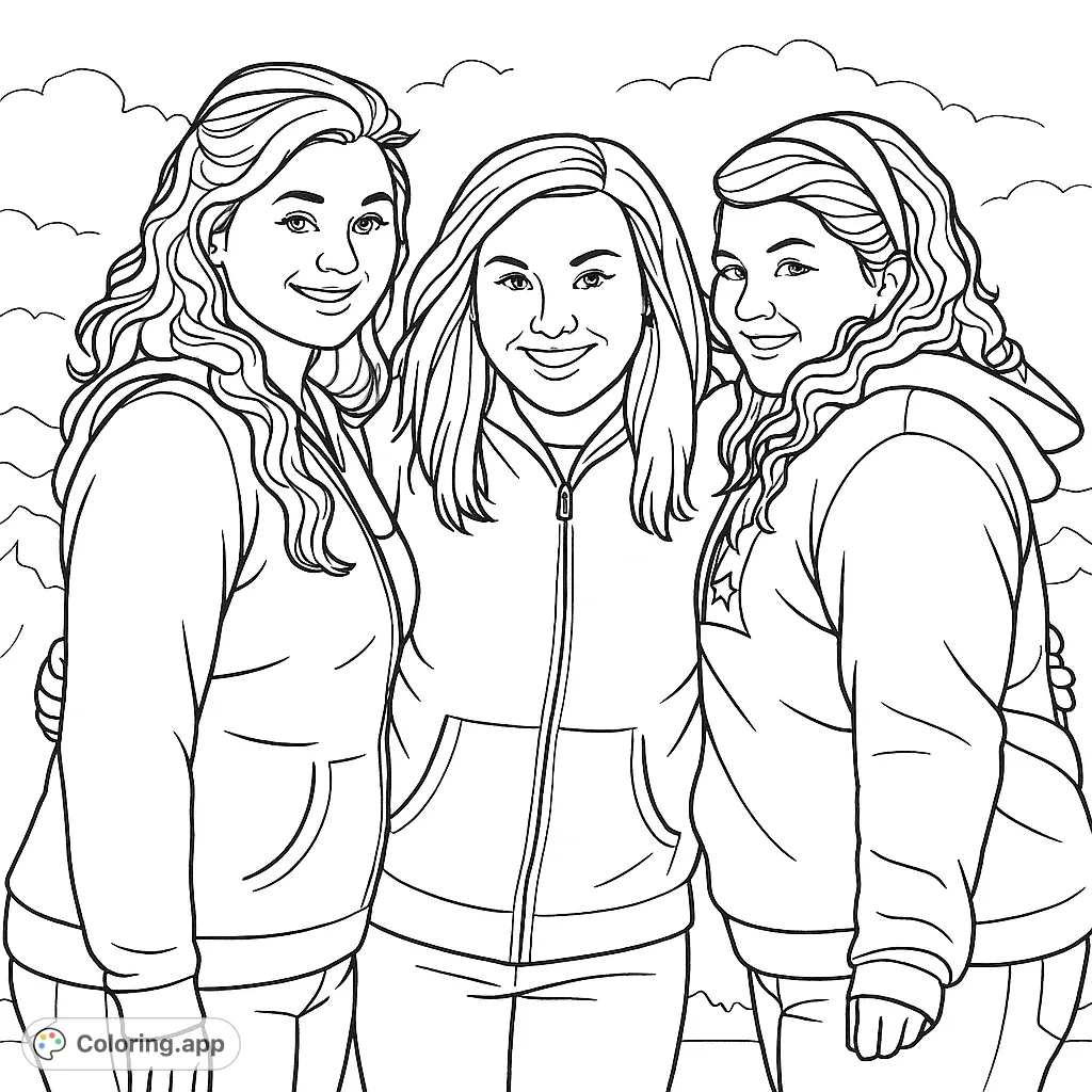 Capture the joy of friendship with this outdoor group portrait coloring page. Three smiling women stand together against a scenic backdrop, perfect for custom colors.