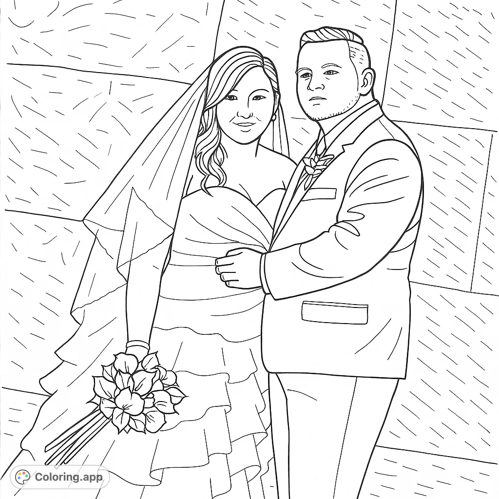 Capture the joy of a wedding day with this elegant couple coloring page. Features intricate details of their attire and floral bouquet for a memorable experience.