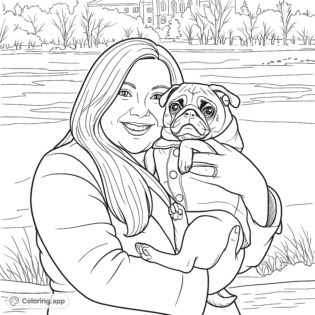 A heartwarming pug coloring page featuring a woman cuddling her dog in a winter landscape with a frozen lake and distant building. Perfect for dog lovers!