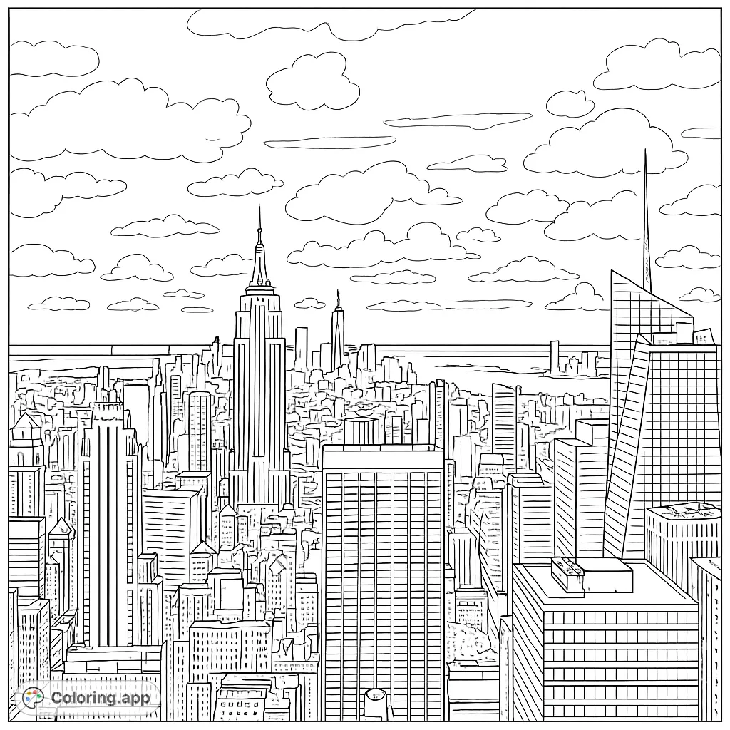 Capture the iconic Manhattan skyline, a dynamic urban panorama with towering skyscrapers and a dramatic cloudy sky, perfect for detailed coloring.