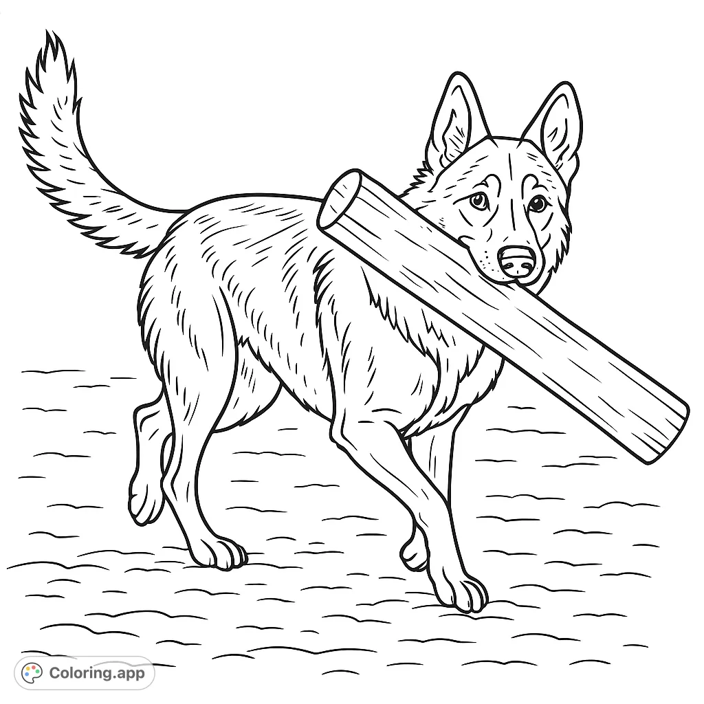 A powerful German Shepherd dog carries a large log across an open field, showcasing strength and determination in this engaging animal coloring page.