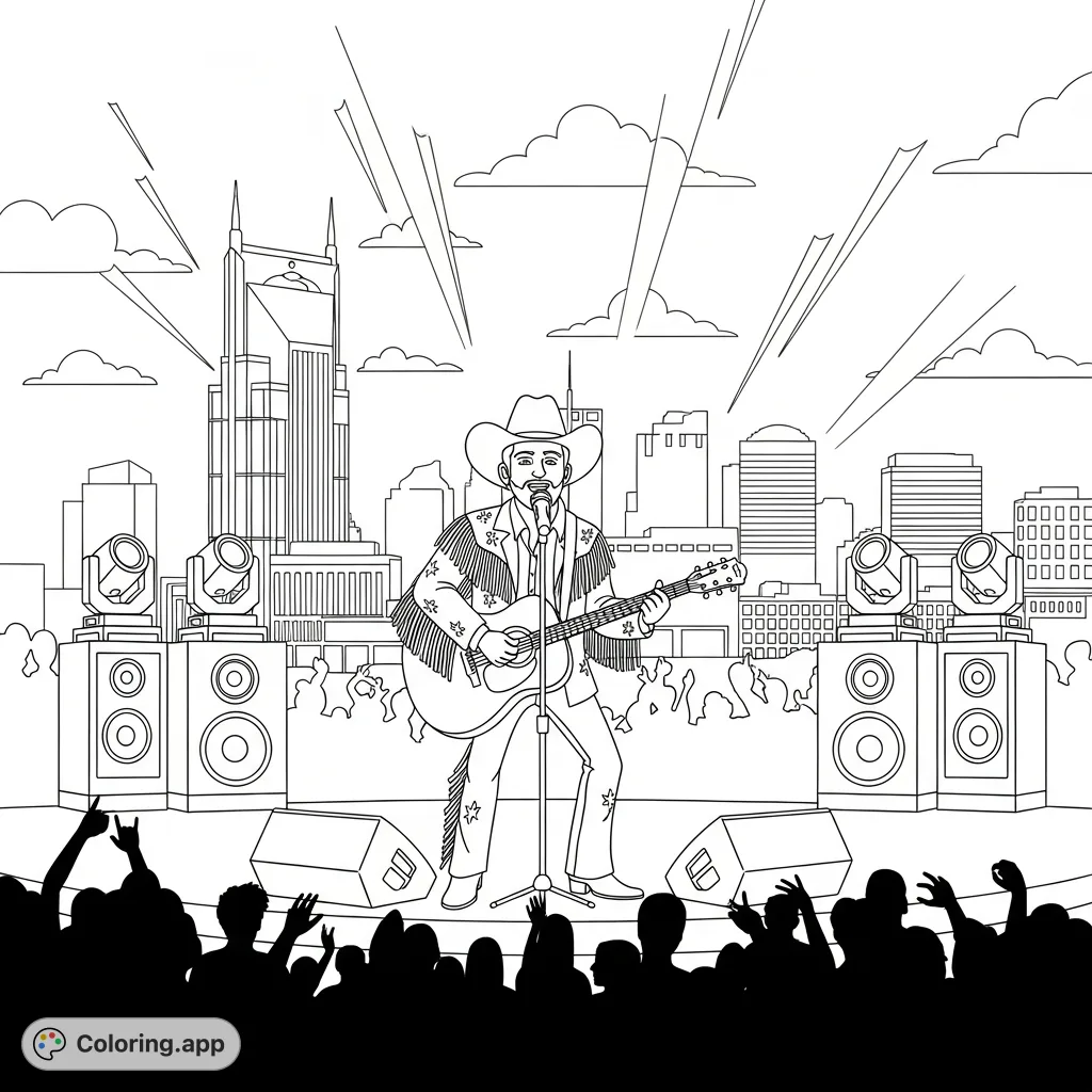 A dynamic country singer, guitar in hand, on stage with a Nashville skyline background. Features detailed fringed jacket and sweeping spotlights. A lively concert scene.