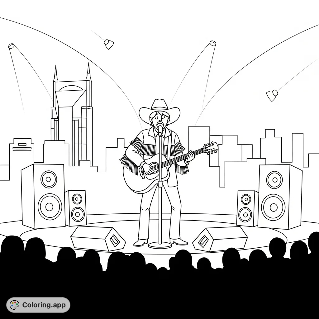 A detailed country music coloring page featuring a singer on stage with a guitar, microphone, Nashville skyline, and audience, perfect for music lovers.