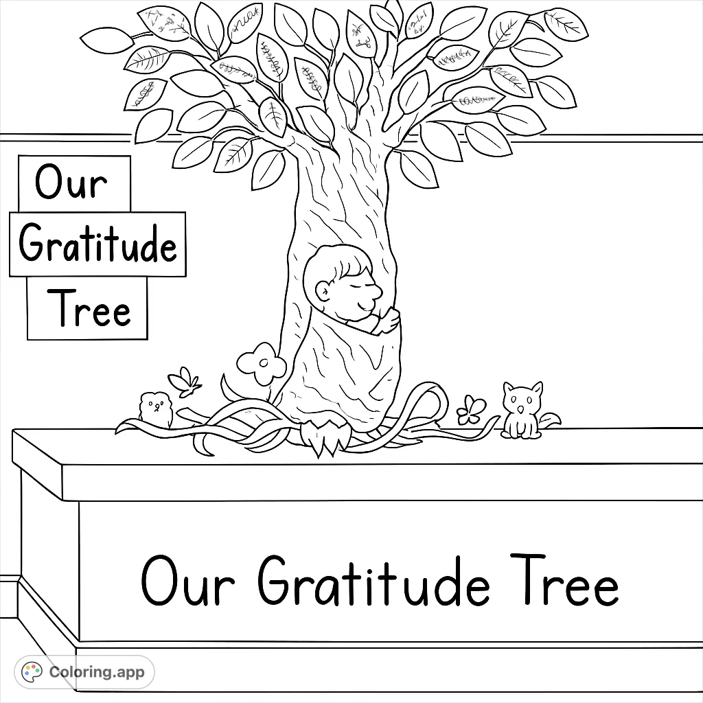 A unique gratitude tree craft with textured trunk, patterned leaves, and playful animal figures arranged on a ledge, inspiring reflection and creativity.