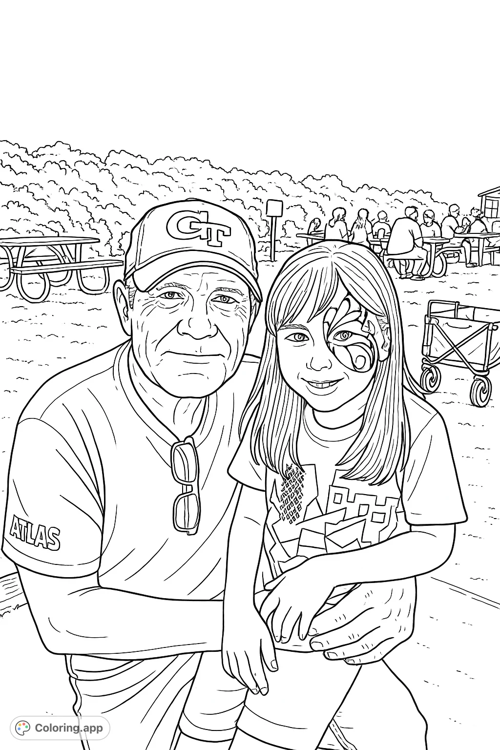 A heartwarming scene featuring a man and a child with detailed butterfly face paint, set against a coastal backdrop with grassy dunes and distant activity.