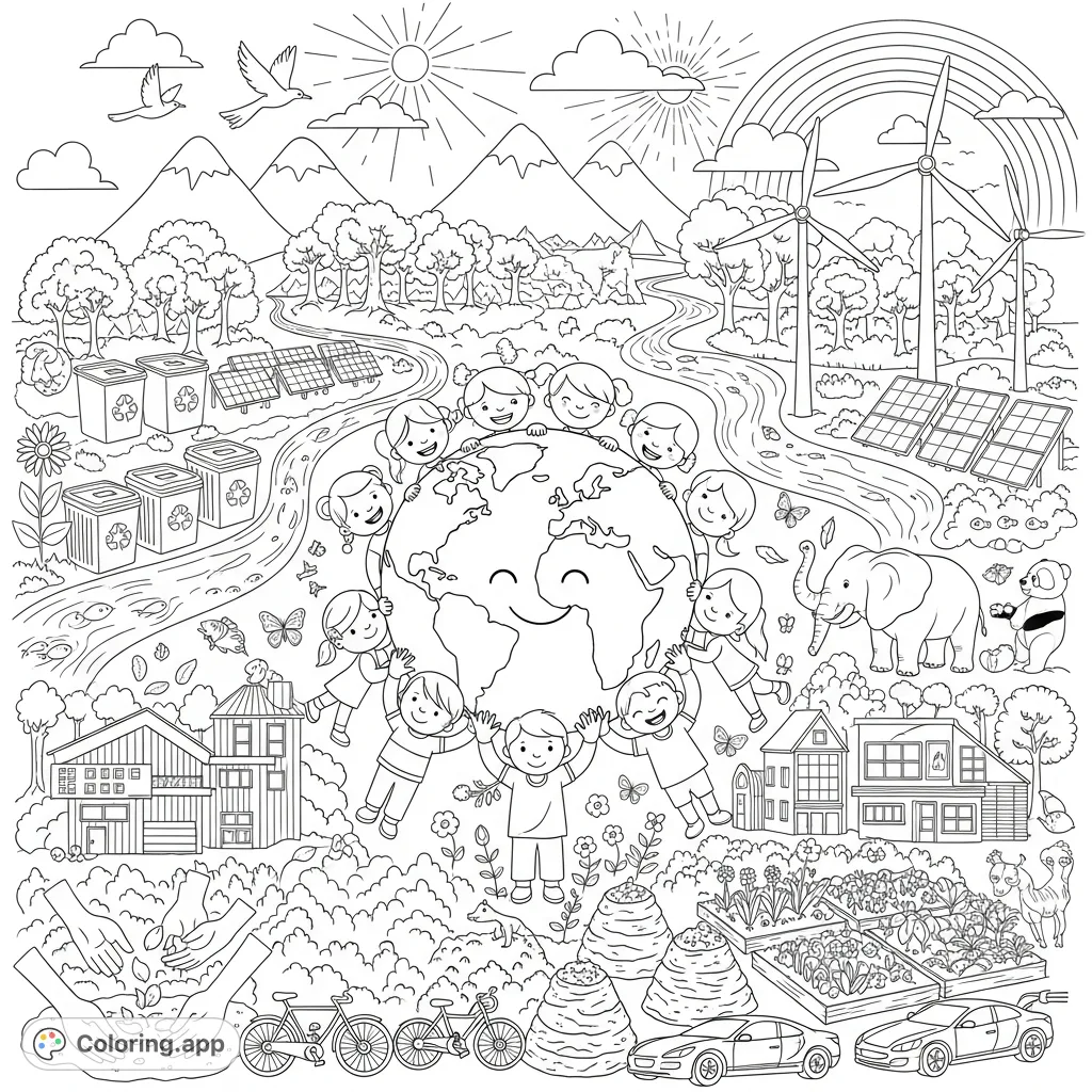 A joyful Earth Day scene featuring a smiling planet held by diverse children, surrounded by trees, animals, and symbols of sustainability. Perfect for young environmentalists!