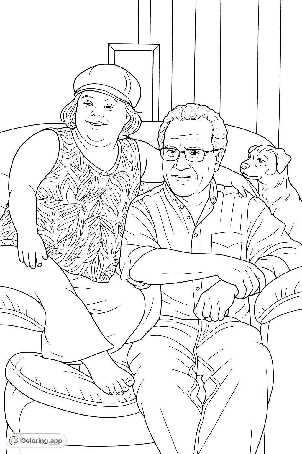 A heartwarming coloring page featuring two individuals relaxing on a sofa, capturing a moment of togetherness with intricate details for a satisfying coloring experience.