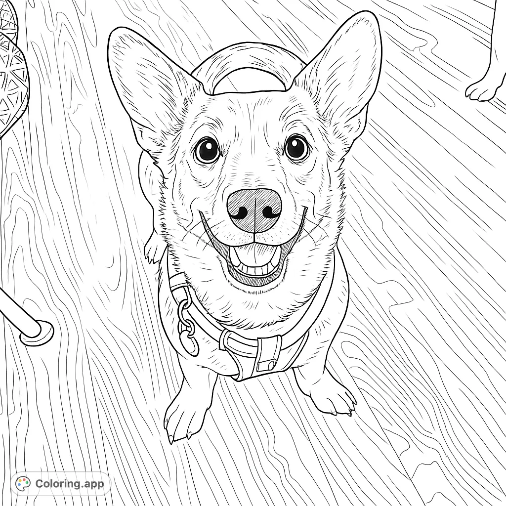 A joyful dog with a wide smile and perked ears, wearing a harness, waits patiently on a patterned floor. Perfect for dog lovers to personalize.