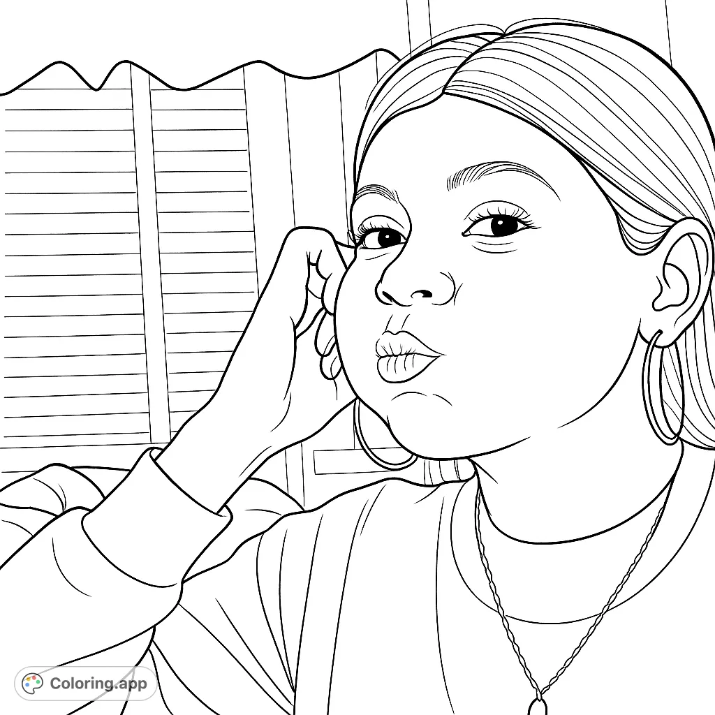 Capture a fun, expressive moment with this portrait of a young person making a playful face. Featuring distinctive hoop earrings and detailed hair, ready for your artistic touch.