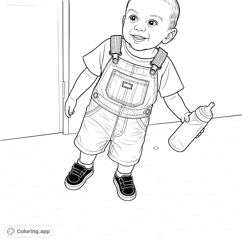 Capture a moment of pure joy with this happy toddler coloring page, featuring a child in overalls holding a bottle. Perfect for all ages!