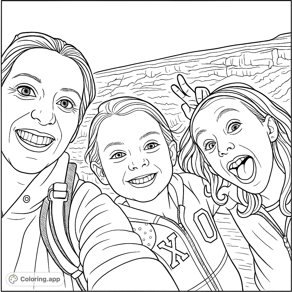 Capture the joy of a family adventure with this smiling group portrait against a scenic rocky landscape, perfect for a memorable coloring experience.
