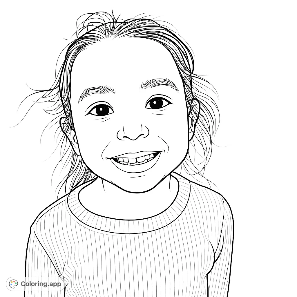 A charming portrait of a young girl with a happy smile and missing front teeth, perfect for a joyful coloring experience.
