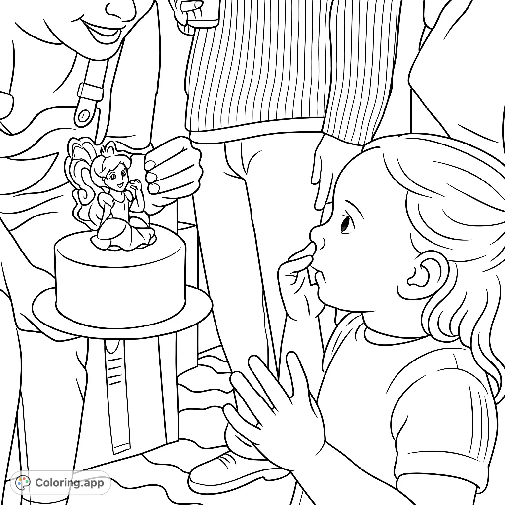 Capture the wonder of a child's cake discovery with this charming coloring page. Features a curious toddler gazing at a whimsical two-tiered cake.
