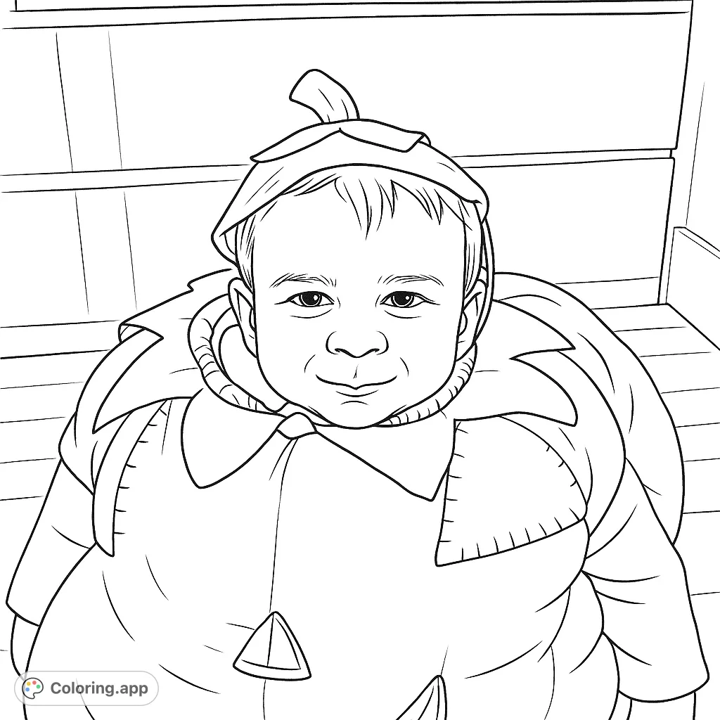 An adorable child in a charming pumpkin costume, complete with leaf collar and stem cap. Perfect for a festive autumn coloring page experience for all ages.