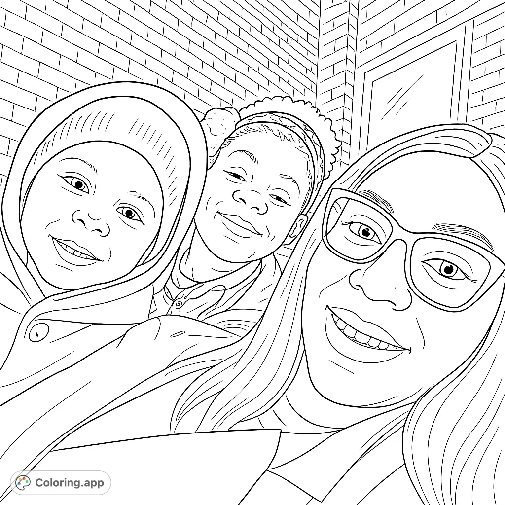 A heartwarming family portrait with three smiling individuals, featuring distinct headwear and a textured brick background. Perfect for personalized coloring.