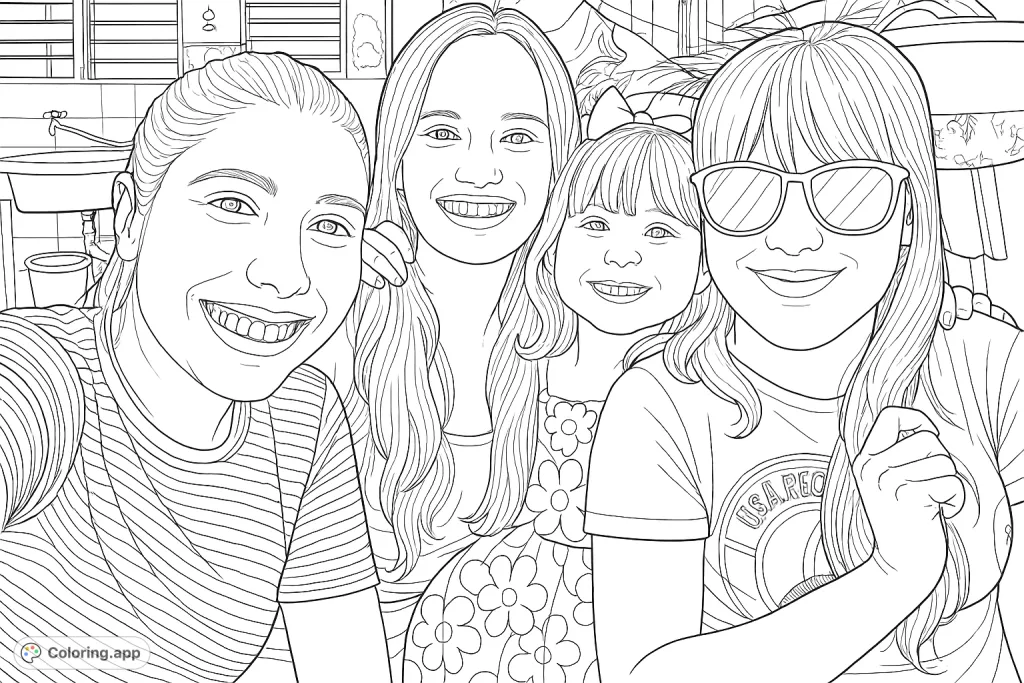 A heartwarming group portrait of three women and a young girl, all smiling brightly. Perfect for celebrating connections and adding your personal artistic flair.