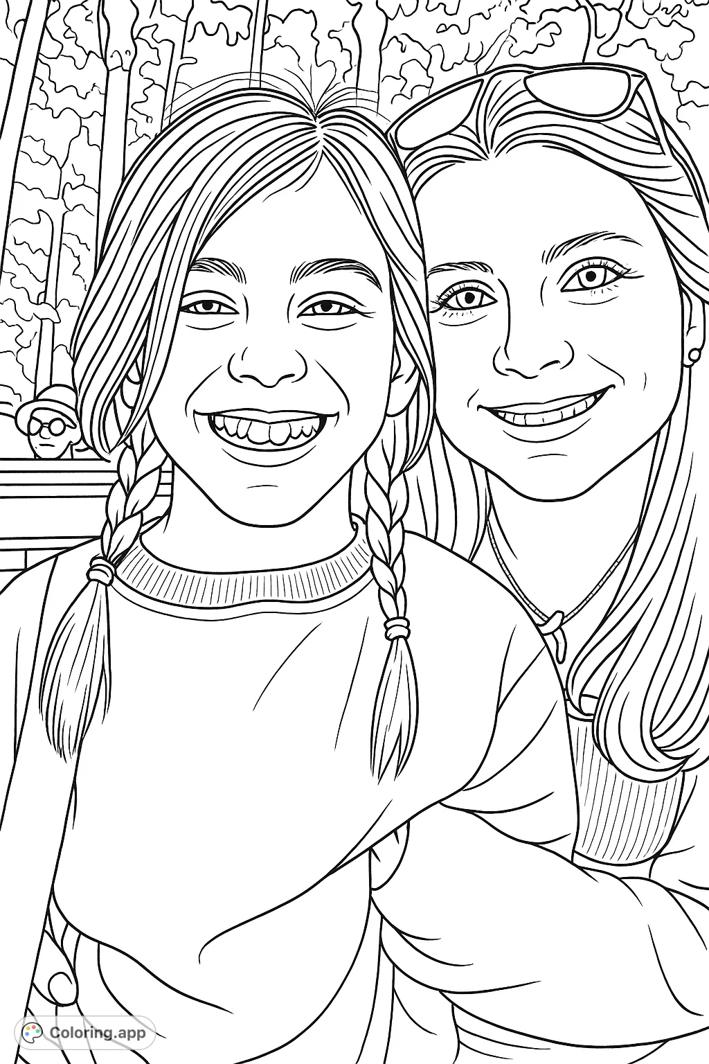 A heartwarming coloring page featuring two smiling individuals, one with braided pigtails, sharing a joyful moment. Perfect for celebrating connections.