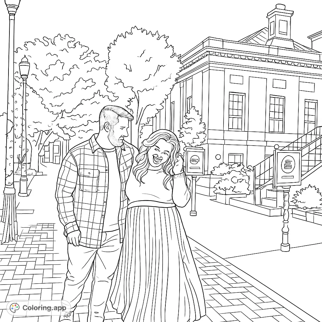 Capture the charm of an urban rendezvous with this intricate coloring page featuring a happy couple strolling through a detailed cityscape with festive lights.