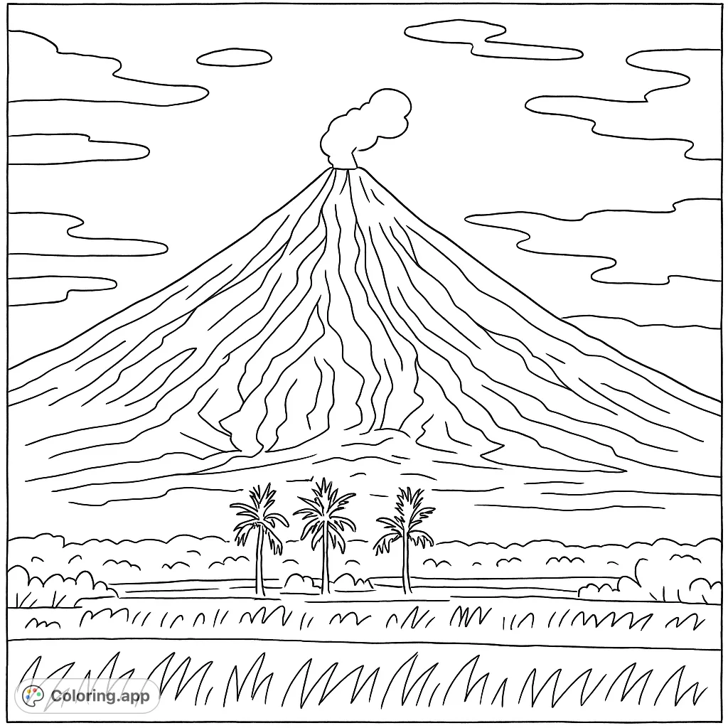 Experience the grandeur of a majestic, active volcano rising above lush landscapes and fields. A detailed scene with palm trees and a cloudy sky, ready for your creative touch.