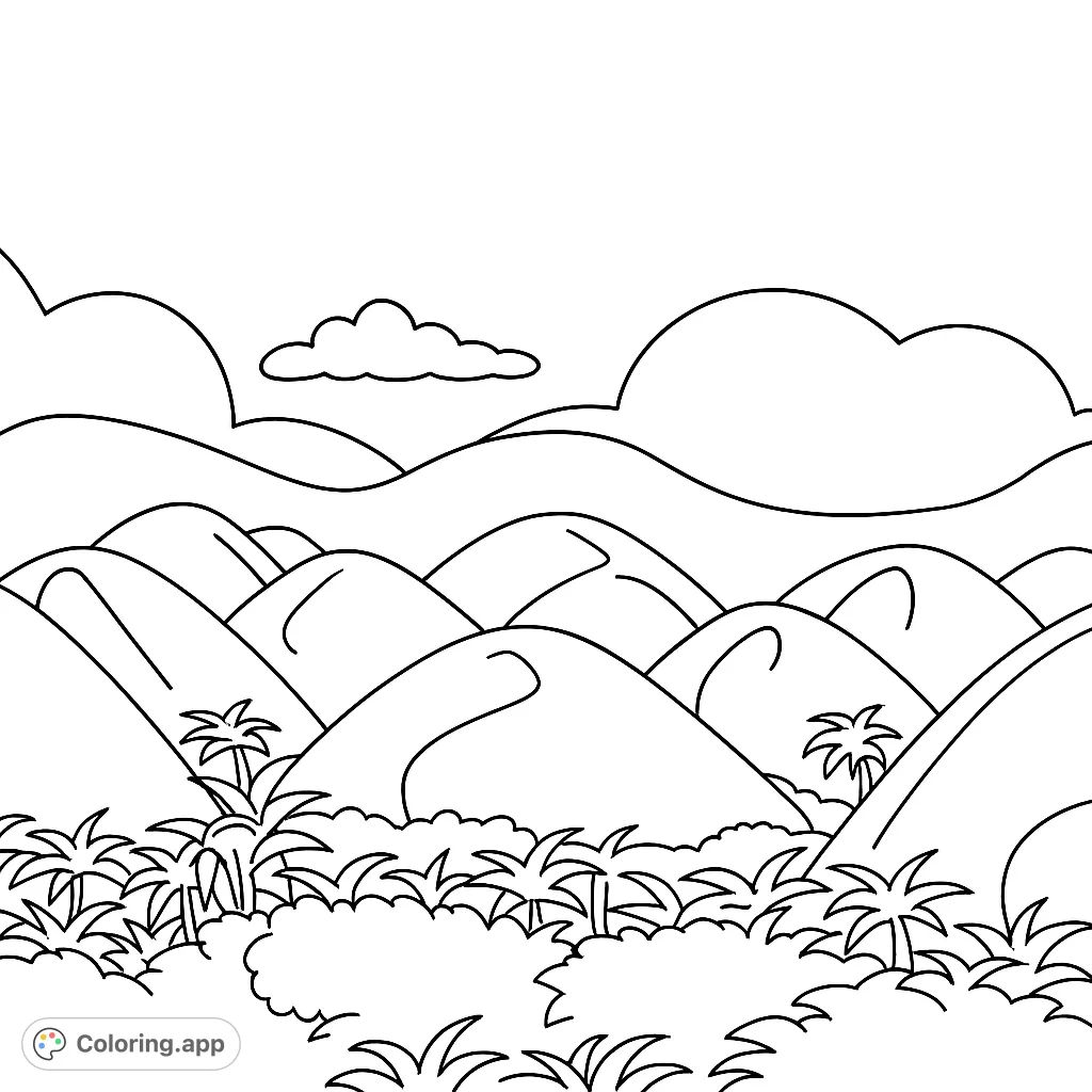 Explore a charming landscape coloring page featuring rolling hills, a line of palm trees, and soft clouds under a wide sky. Perfect for a relaxing creative escape.