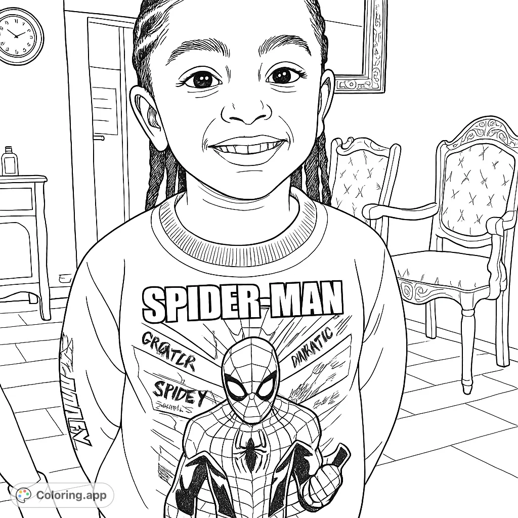 A joyful child wearing a superhero shirt with web patterns and text stands smiling. Features ornate furniture and a clock in the background.