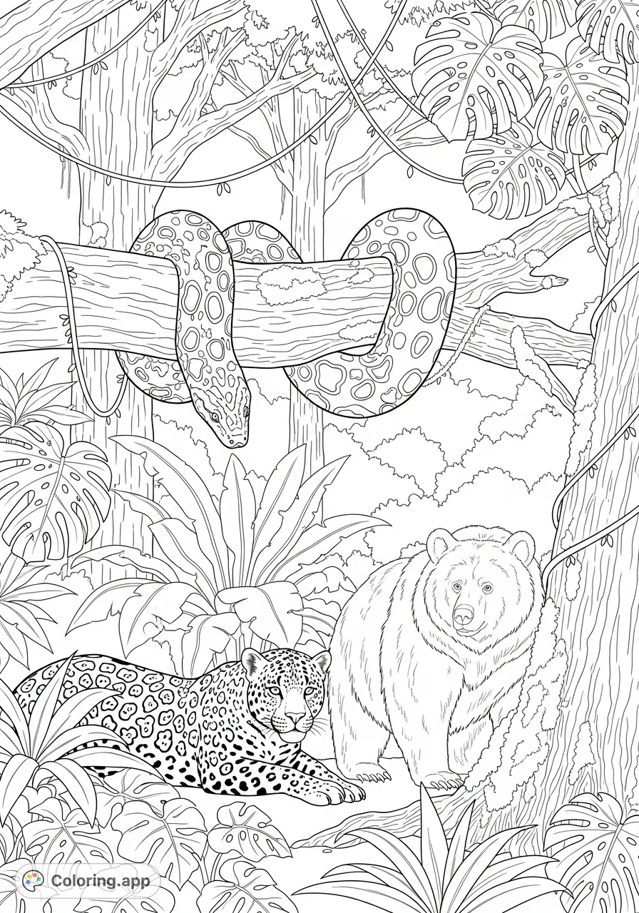 Explore a vibrant jungle featuring anacondas, jaguars, and bears amidst lush foliage. A detailed wildlife coloring page perfect for nature enthusiasts!