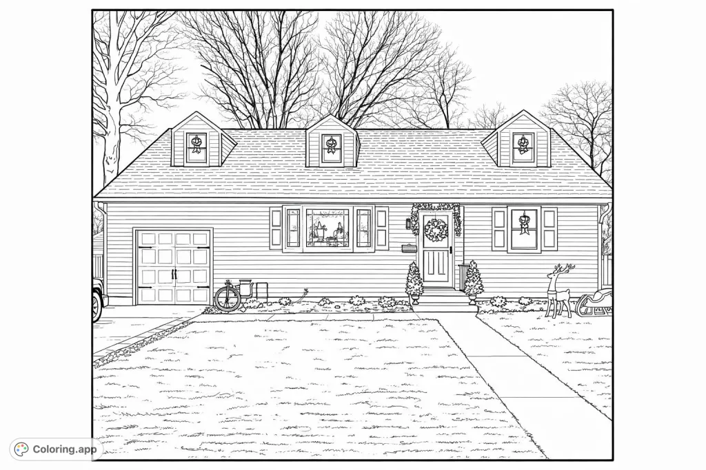 Color a charming house adorned with festive holiday decorations, including wreaths, a reindeer, and a sleigh. A delightful seasonal scene.