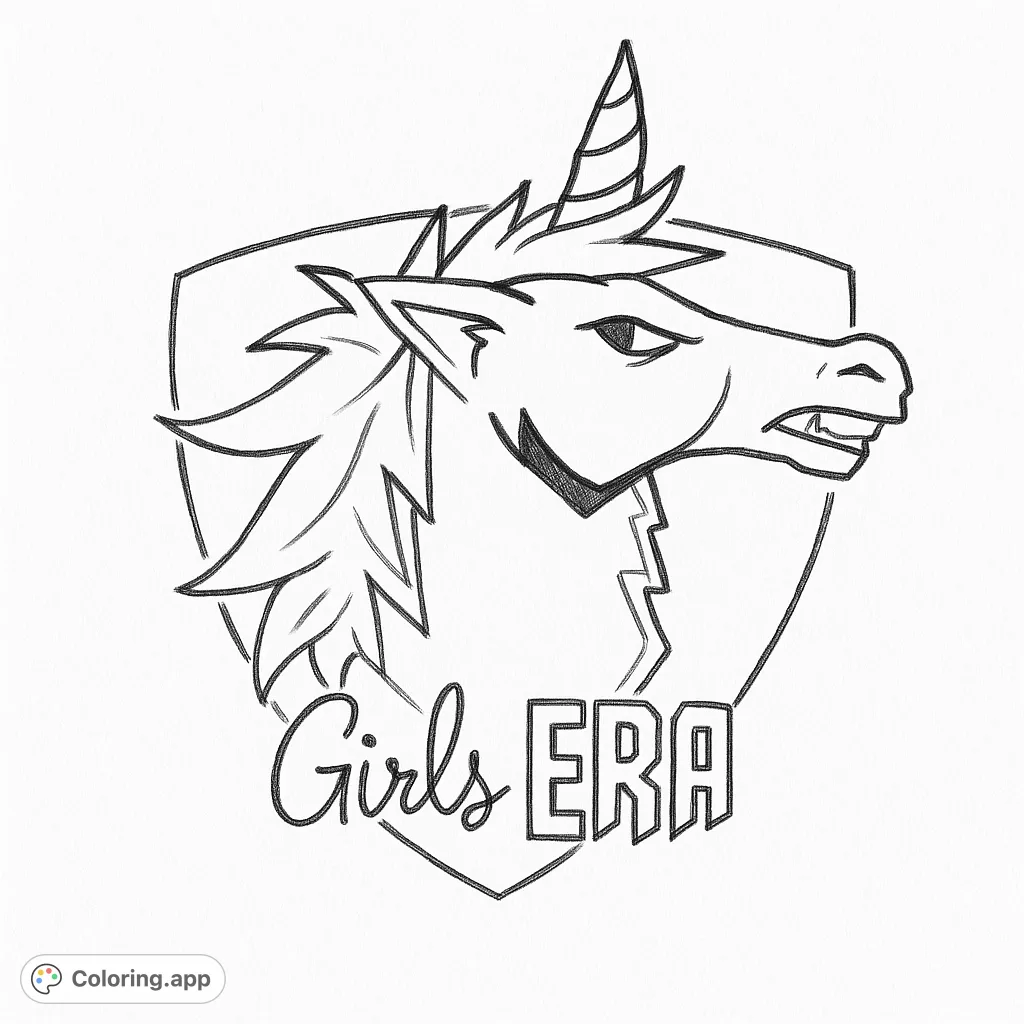 A fierce unicorn head within a circular shield, featuring 'Girls ERA' text. This dynamic unicorn coloring page is perfect for empowerment and bold expression.