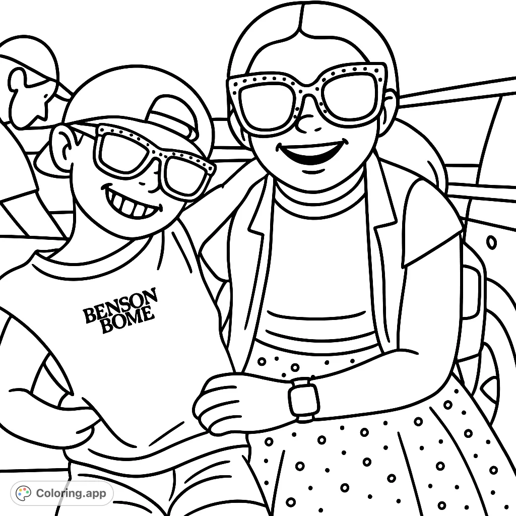 A joyful coloring page featuring two smiling children wearing whimsical sunglasses and stylish outfits, perfect for creative fun and a touch of whimsy for kids.
