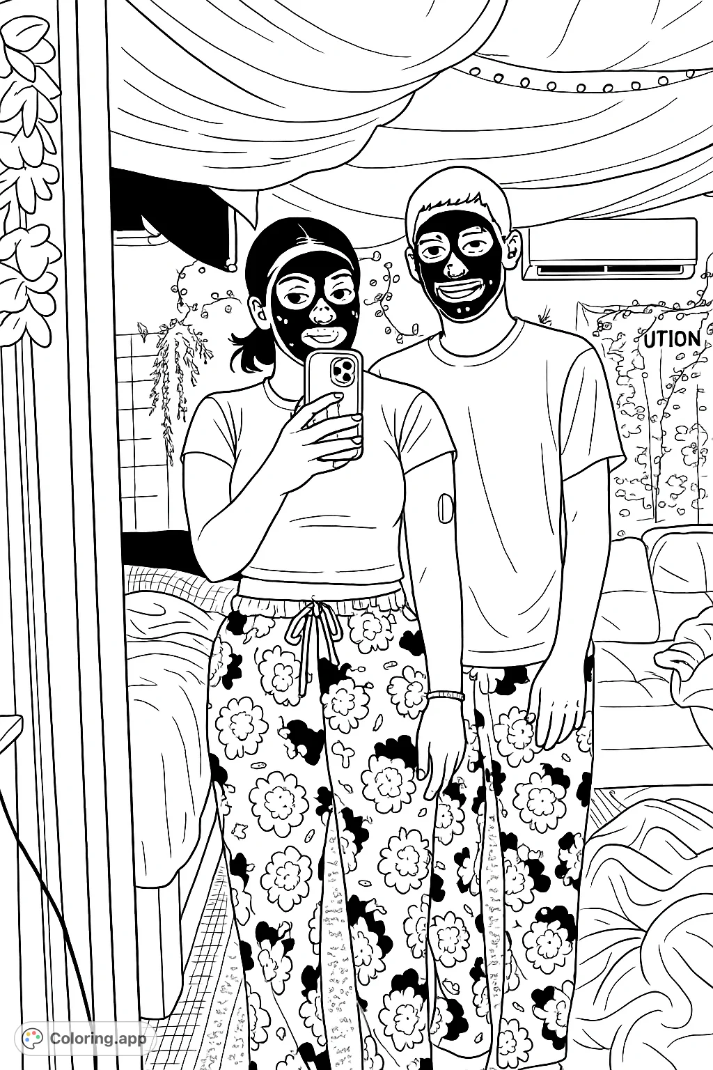 Two friends pose for a fun selfie, faces covered in masks and wearing festive Santa pajamas. A playful and cozy scene for creative coloring fun.